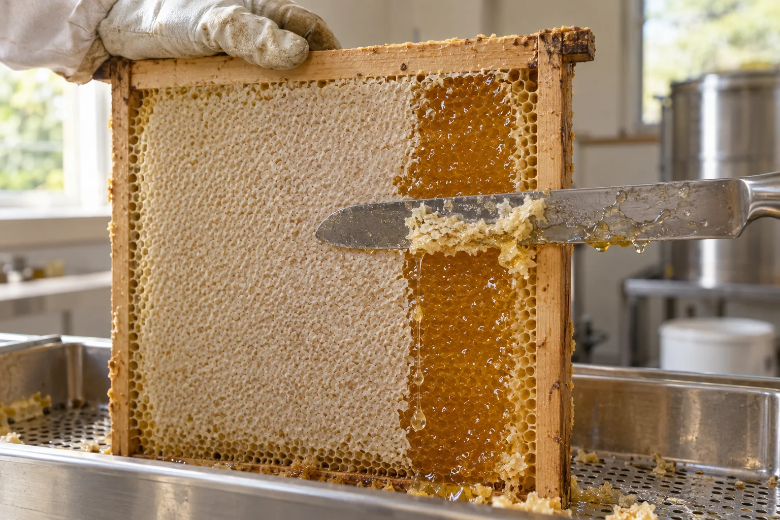 Close-up of a beekeeper uncapping a honeycomb over a clean steel tray